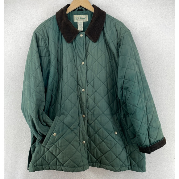 LL BEAN Jacket Women XL Thermore Quilted Field Barn Coat Corduroy Trim Green VTG - Picture 1 of 16